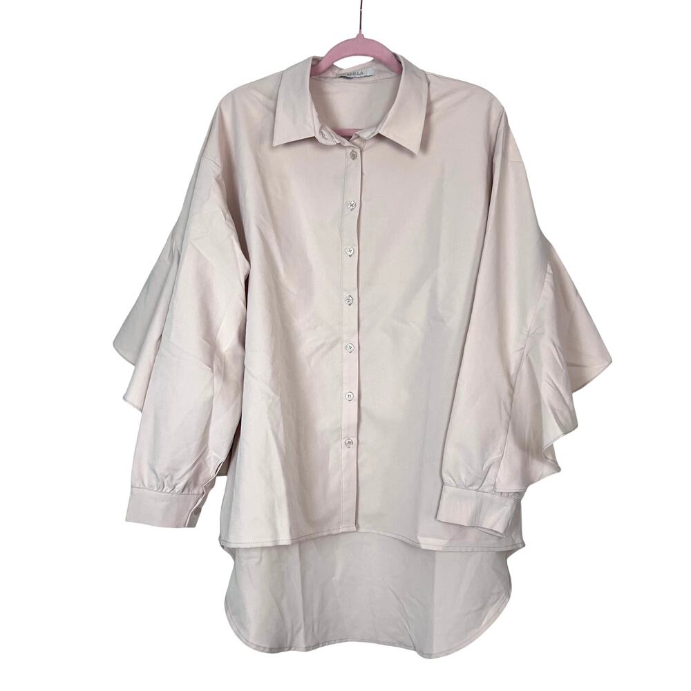 MULLA Ruffle Back Oversized Button Down Blouse Top Beige Long Sleeve L